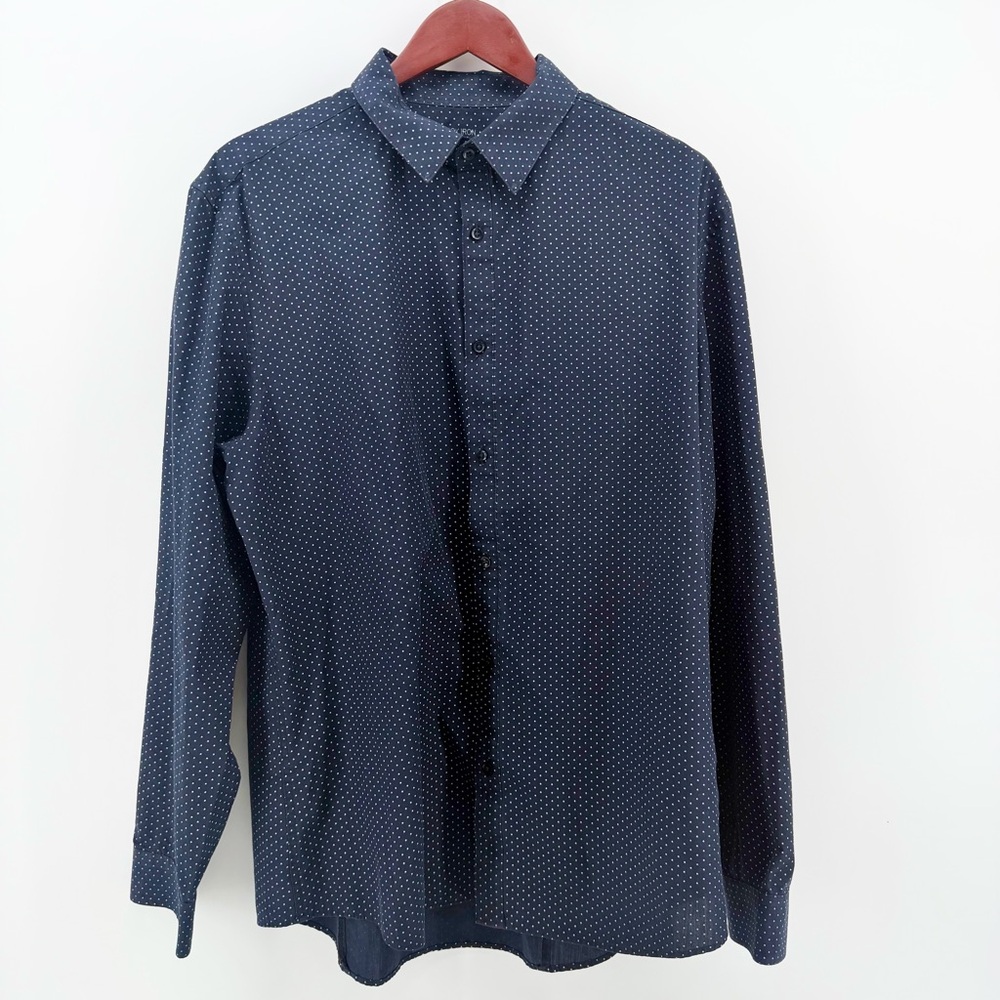 H&M Slim Fit Shirt XL Navy Blue White Micro Dot Polka Dot Long Sleeve Easy Iron